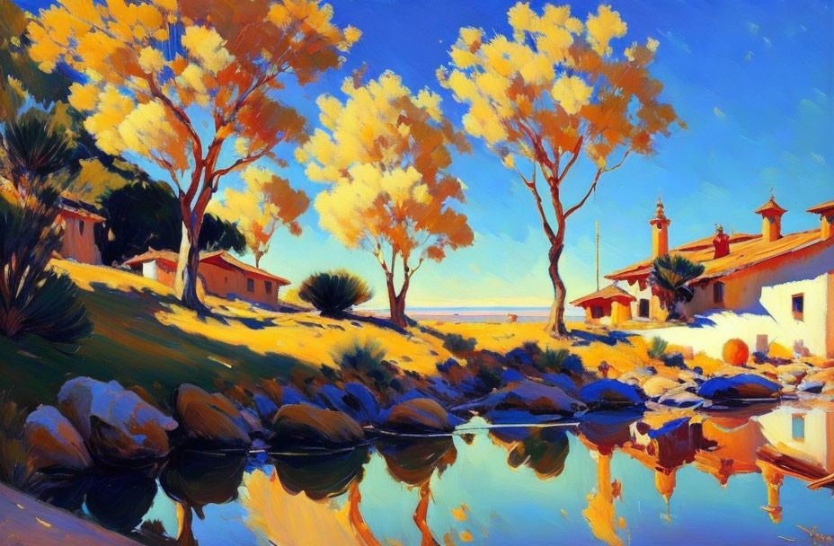 Autumnal trees and Spanish-style buildings by a calm river under a blue sky