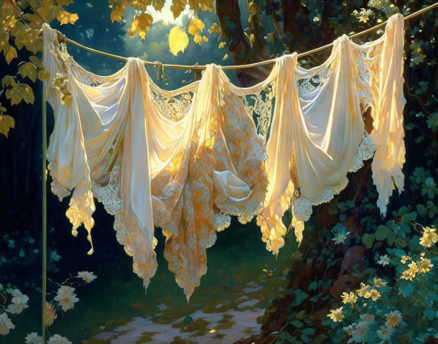 White Lace Garments Hanging in Sunlit Garden Among Falling Leaves