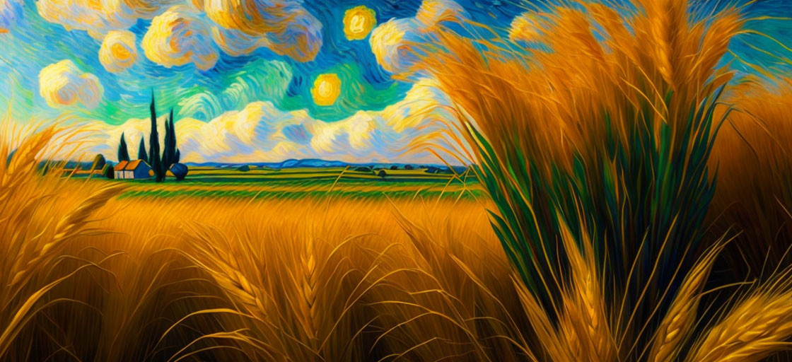 Colorful wheat field painting with blue sky and trees.