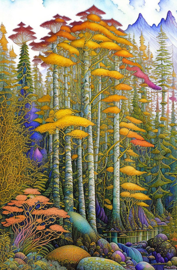 Fantastical forest with flame-like foliage and distant blue mountains