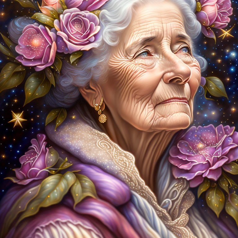 Elderly woman surrounded by cosmic elements and vibrant flowers wearing purple shawl