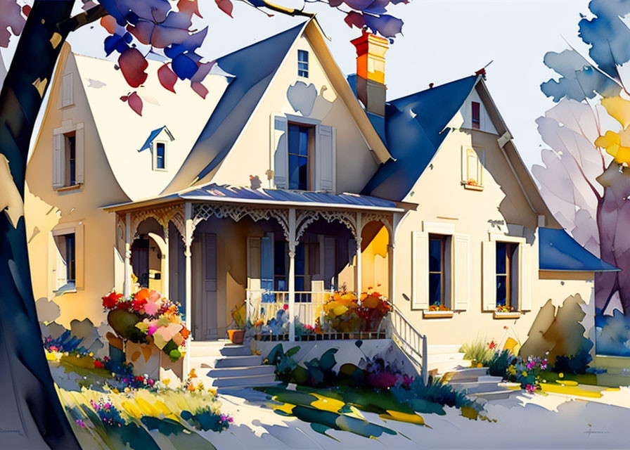 Illustration of cozy two-story house with porch, colorful flowers, trees under blue sky