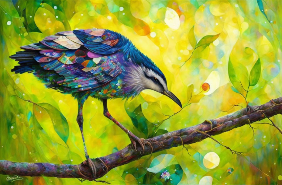 Colorful Bird Perched on Branch in Vibrant Artwork