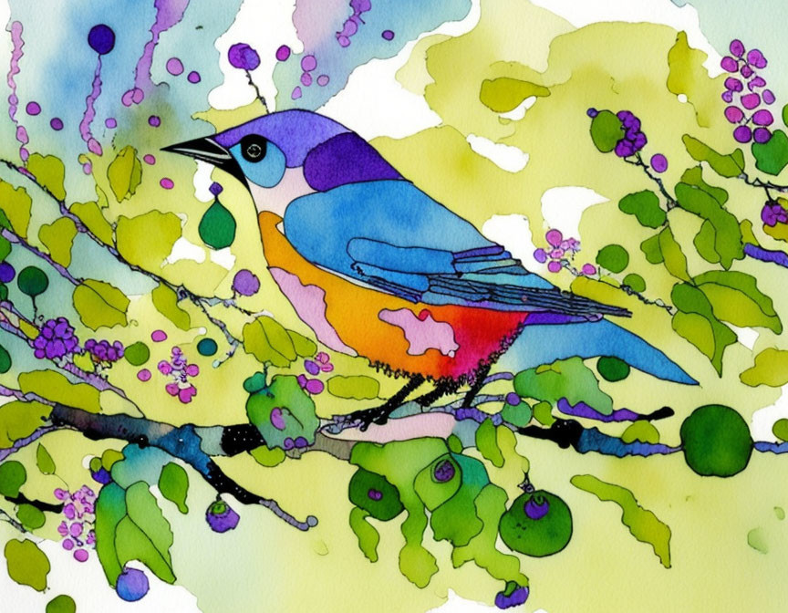 Colorful Watercolor Painting of Stylized Bird on Branch Among Foliage