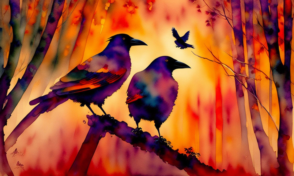 Vibrant watercolor painting of colorful ravens on branch