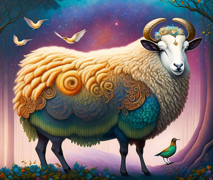 Colorful Sheep Painting with Birds, Trees, and Peacock under Starry Sky