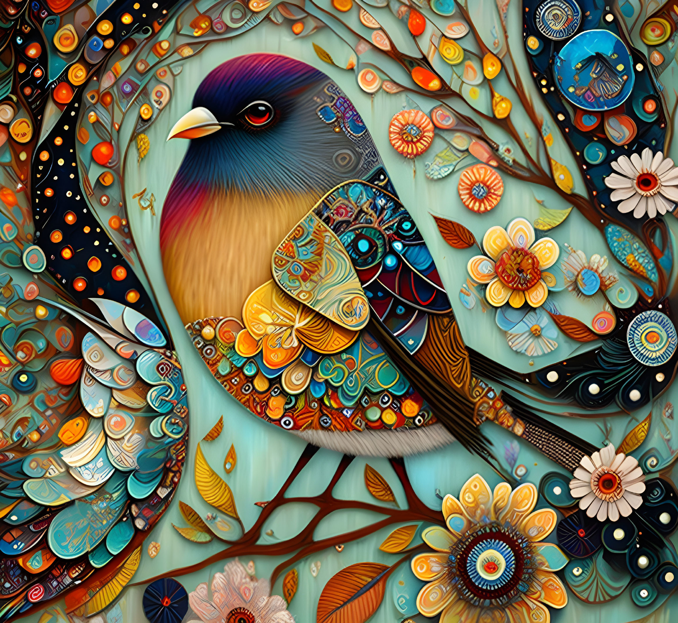 Colorful Stylized Bird Illustration on Intricate Floral Background