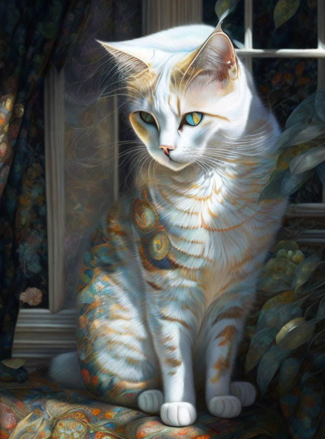 Majestic white cat with blue eyes and patterned fur by window with floral drapes