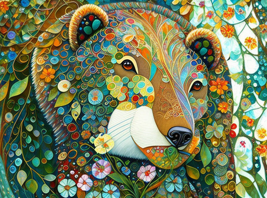 Vibrant bear painting with intricate floral patterns on mosaic background