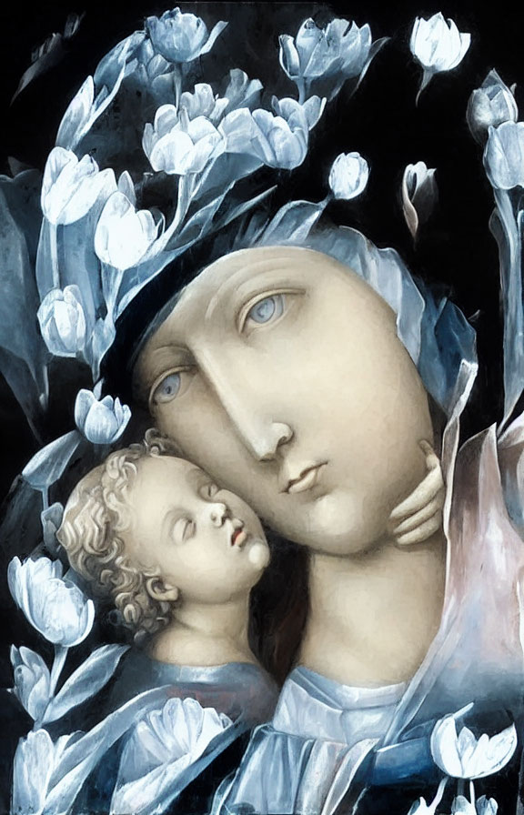 Religious painting of Virgin Mary and Child Jesus with blue roses