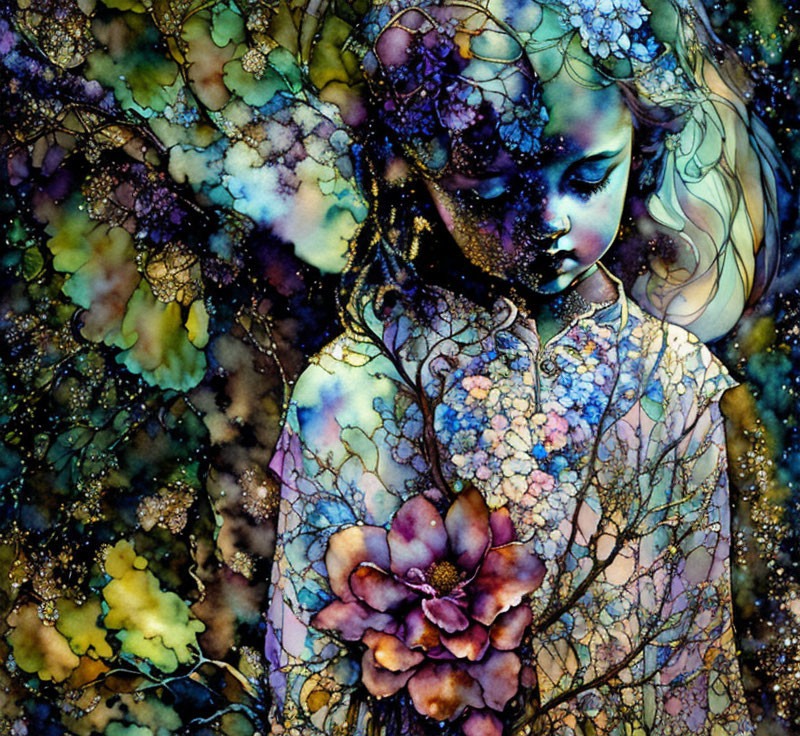 Pensive girl with colorful floral fractals for a dreamy vibe