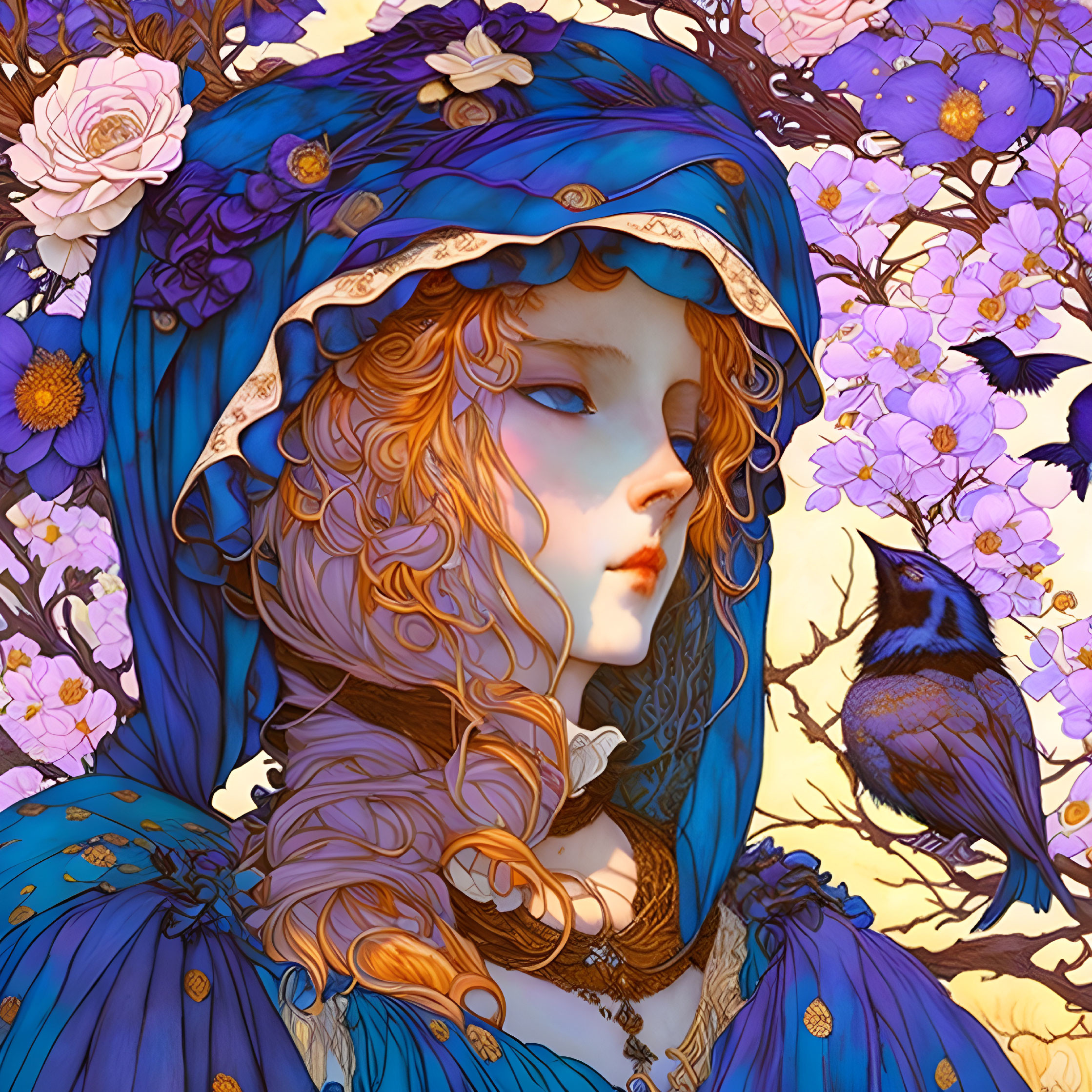 Illustration of person with golden curls in blue cloak surrounded by pink blossoms and bird under warm light