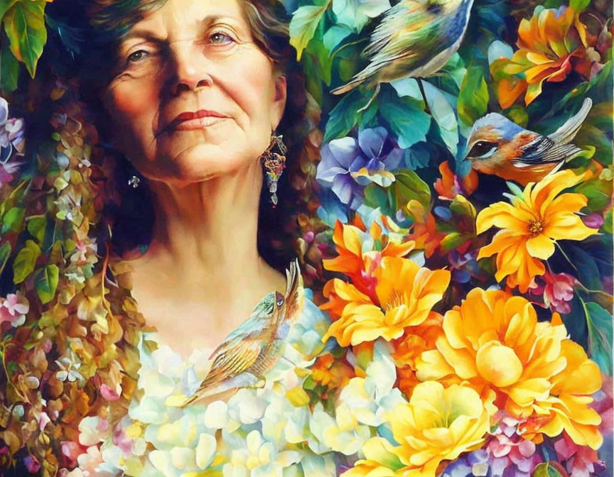 Elderly woman in vibrant painting with flowers and birds