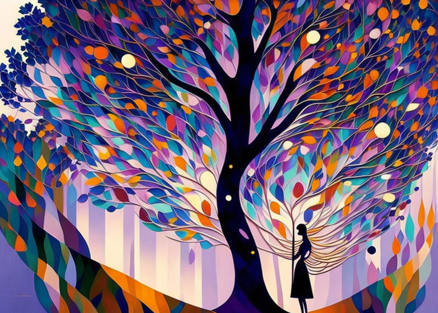 Colorful Stylized Painting of Person Under Whimsical Tree