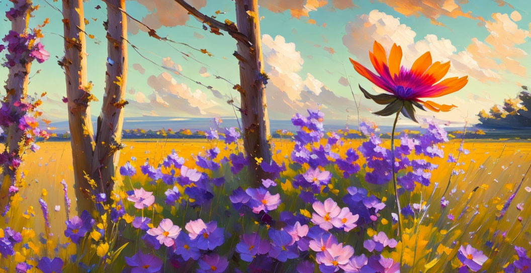 Colorful flower-filled meadow painting with sunset sky