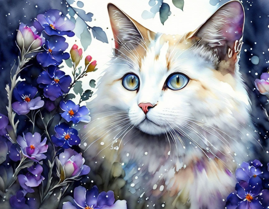 White Cat with Blue and Tan Markings Among Purple Flowers in Snowflake-Like Setting