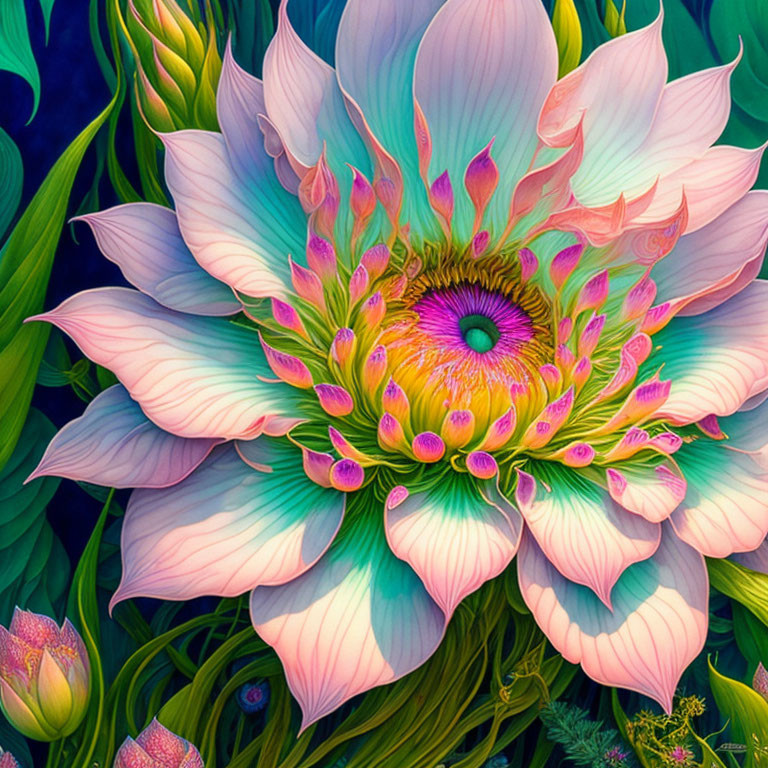 Colorful digital artwork of a pink and green flower with iridescent petals and intricate eye-like center