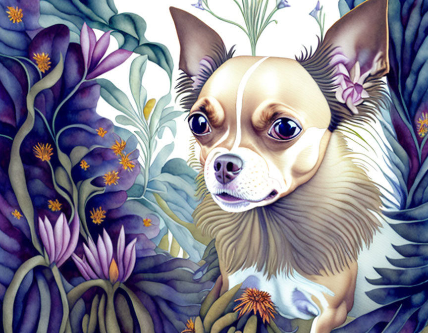 Chihuahua surrounded by vibrant flowers in detailed illustration