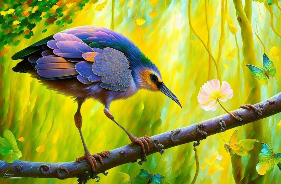 Colorful Bird on Branch in Vibrant Forest Scene