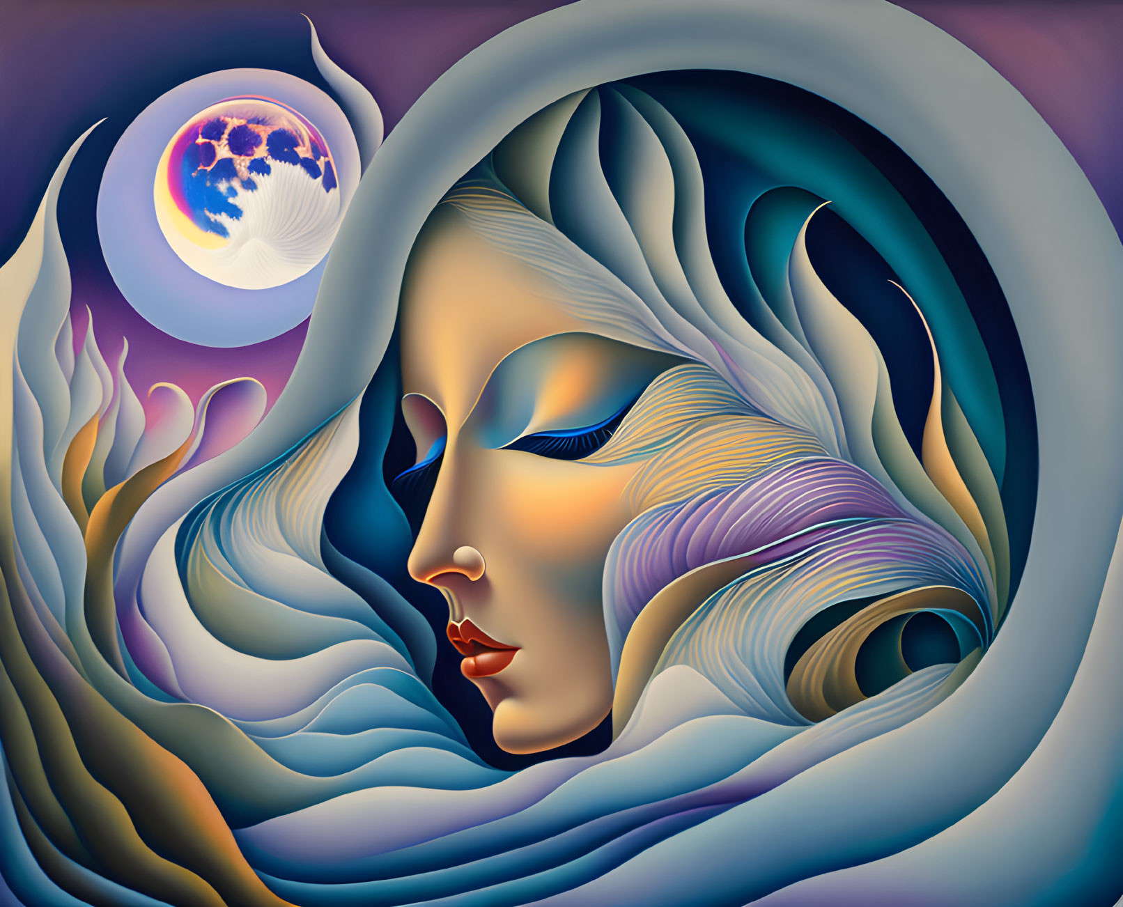 Surreal feminine face with wavy hair and abstract shapes under a blue moon