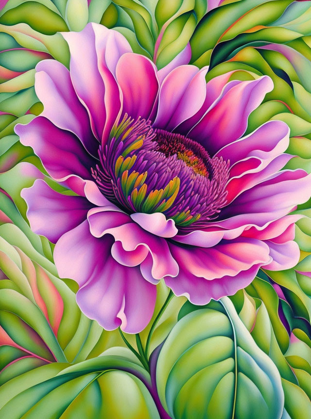 Large Purple Flower Painting with Intricate Green Foliage