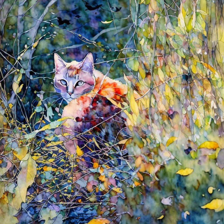 Vibrant watercolor artwork: Cat in autumn foliage with blues, oranges, and yellows