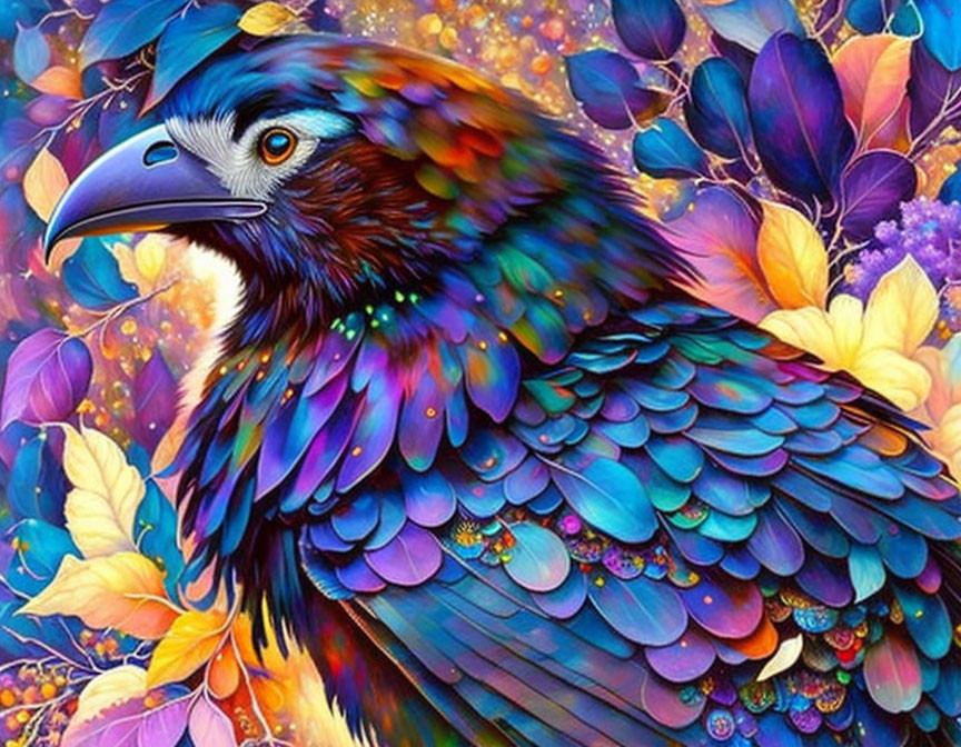 Colorful Raven Surrounded by Leaves and Flowers