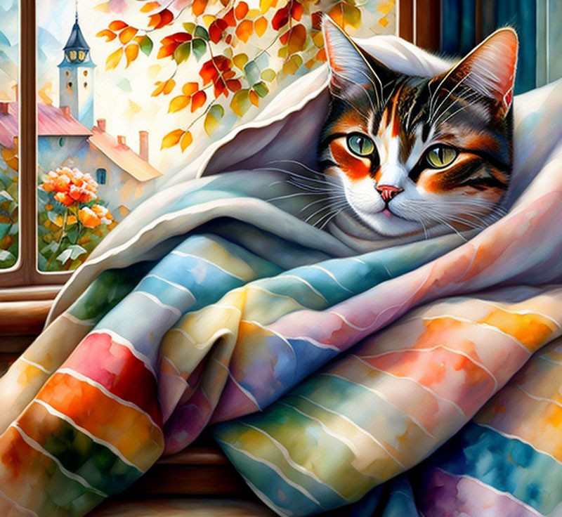 Colorful Painting: Cat under Quilt with Autumn Window View