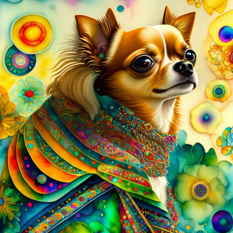 Colorful Chihuahua illustration in vibrant cloak amid psychedelic backdrop