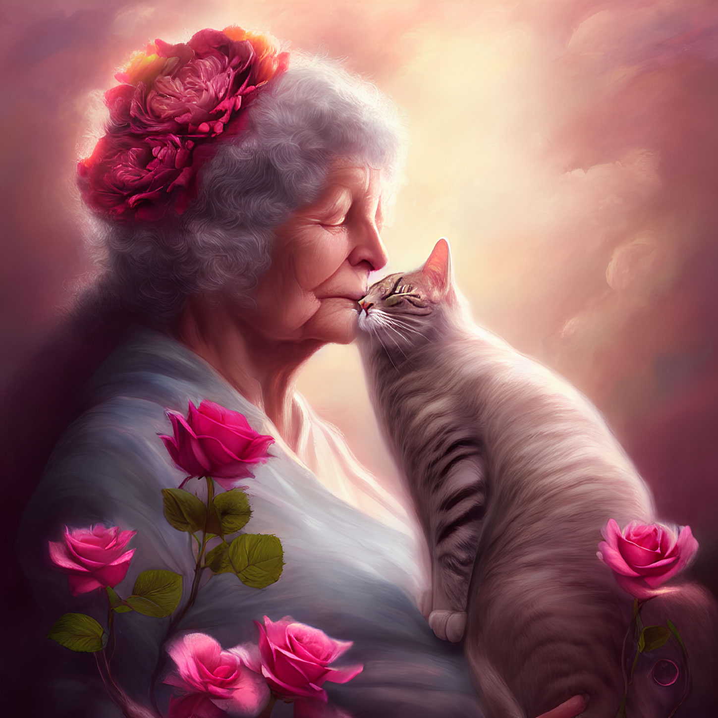 Elderly woman nose-kissing tabby cat in pink rose garden