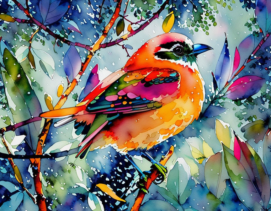 Vibrant bird painting on branch with colorful leaves and droplets