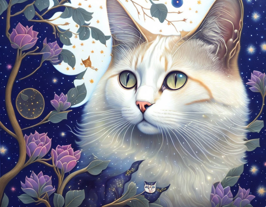 Whimsical white cat illustration with green eyes and night sky theme.