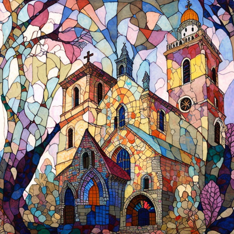 Colorful Stained Glass-Style Church Illustration with Cross and Floral Background