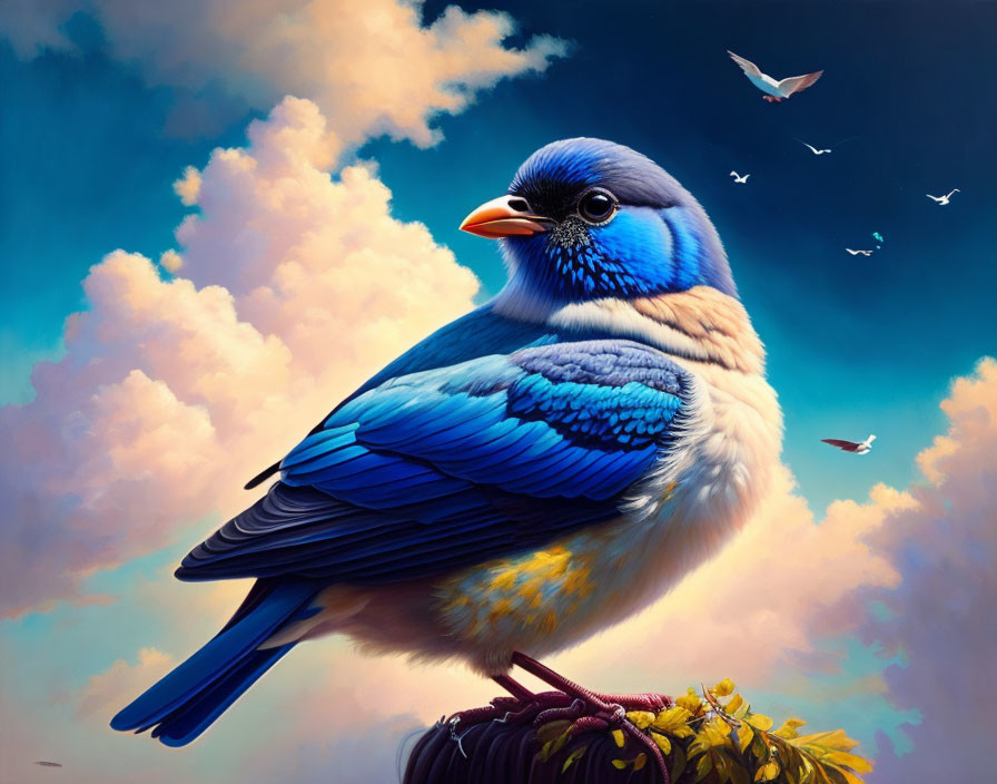 Blue bird perched on branch in serene sky landscape