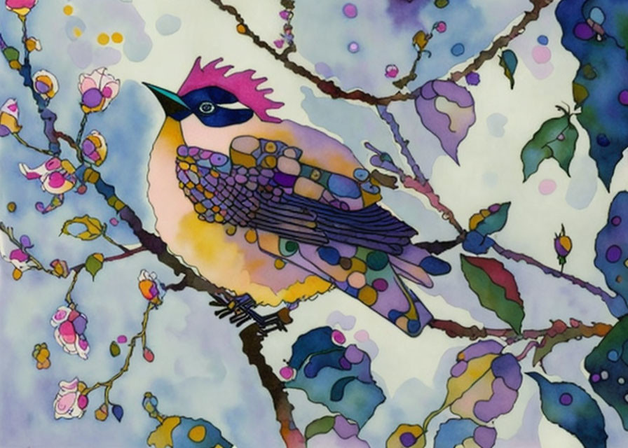 Vibrant bird painting on branch with mosaic design and pink blossoms