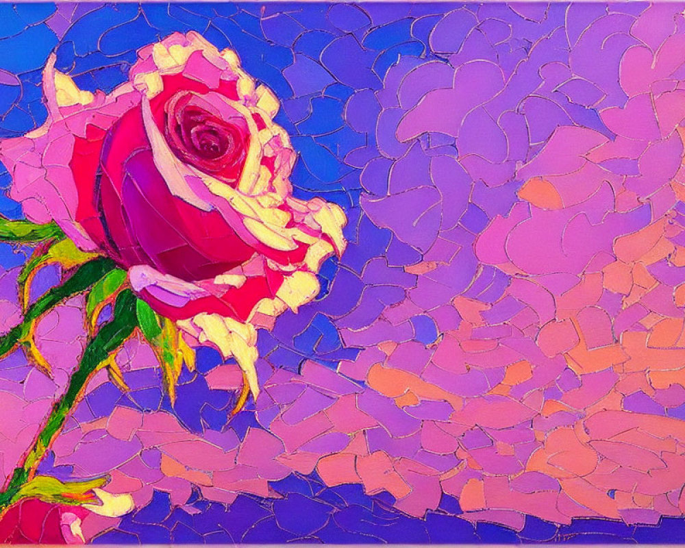 Colorful oil painting of pink rose on mosaic background