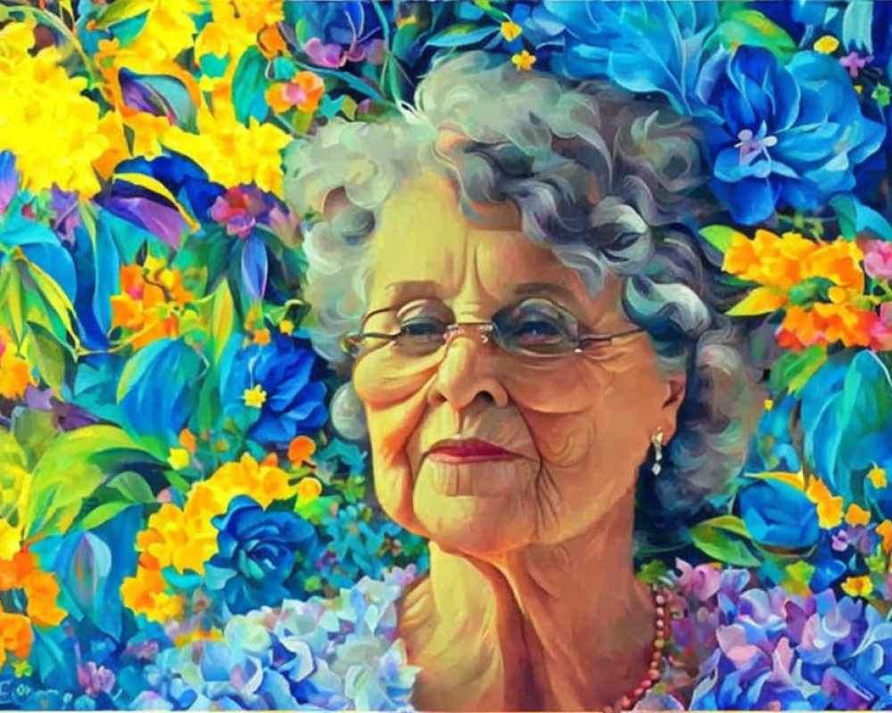 Colorful painting: Elderly woman with glasses and vibrant flowers