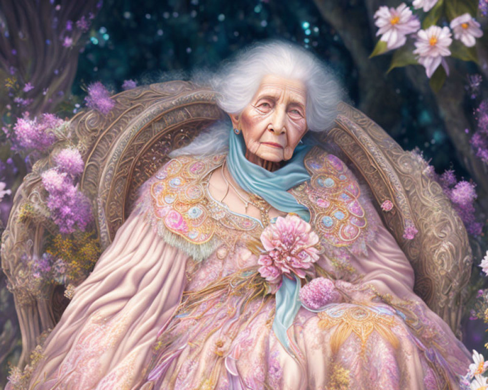 Elderly woman in ornate chair surrounded by flowering plants in pastel gown