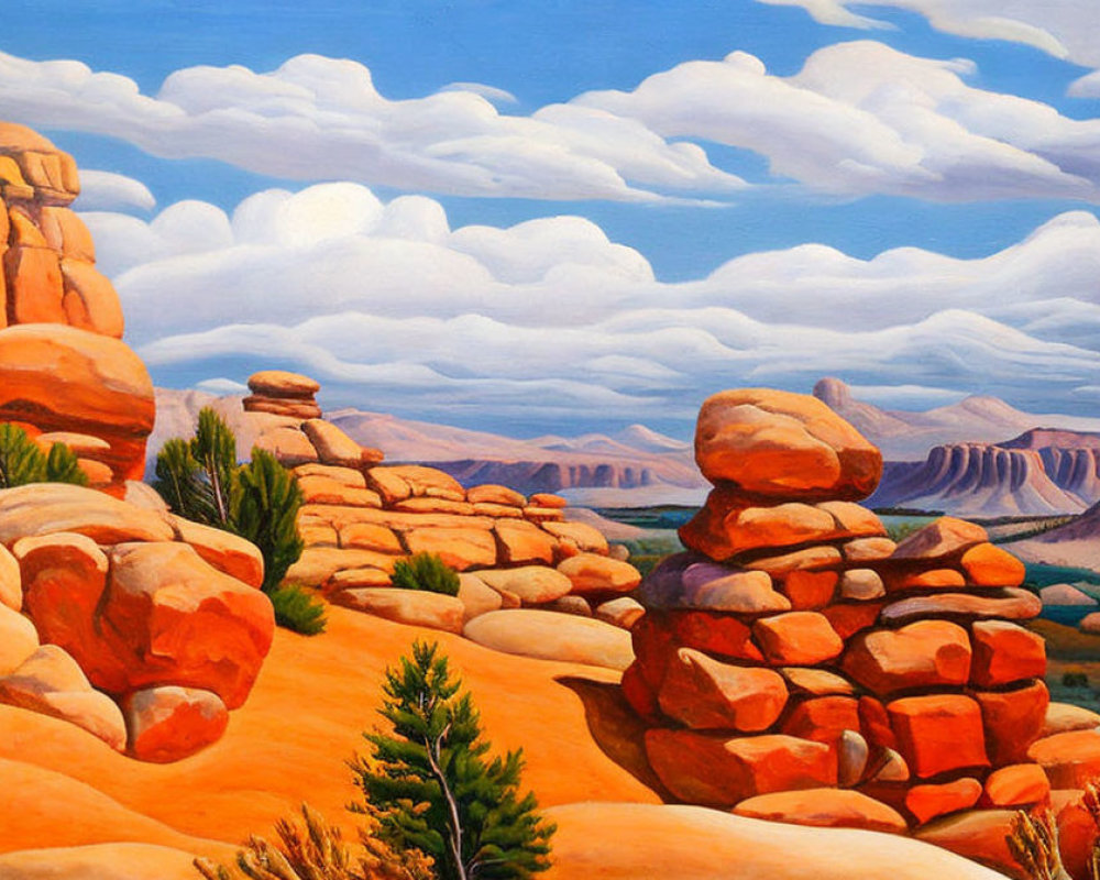 Desert landscape painting with red rock formations under blue sky