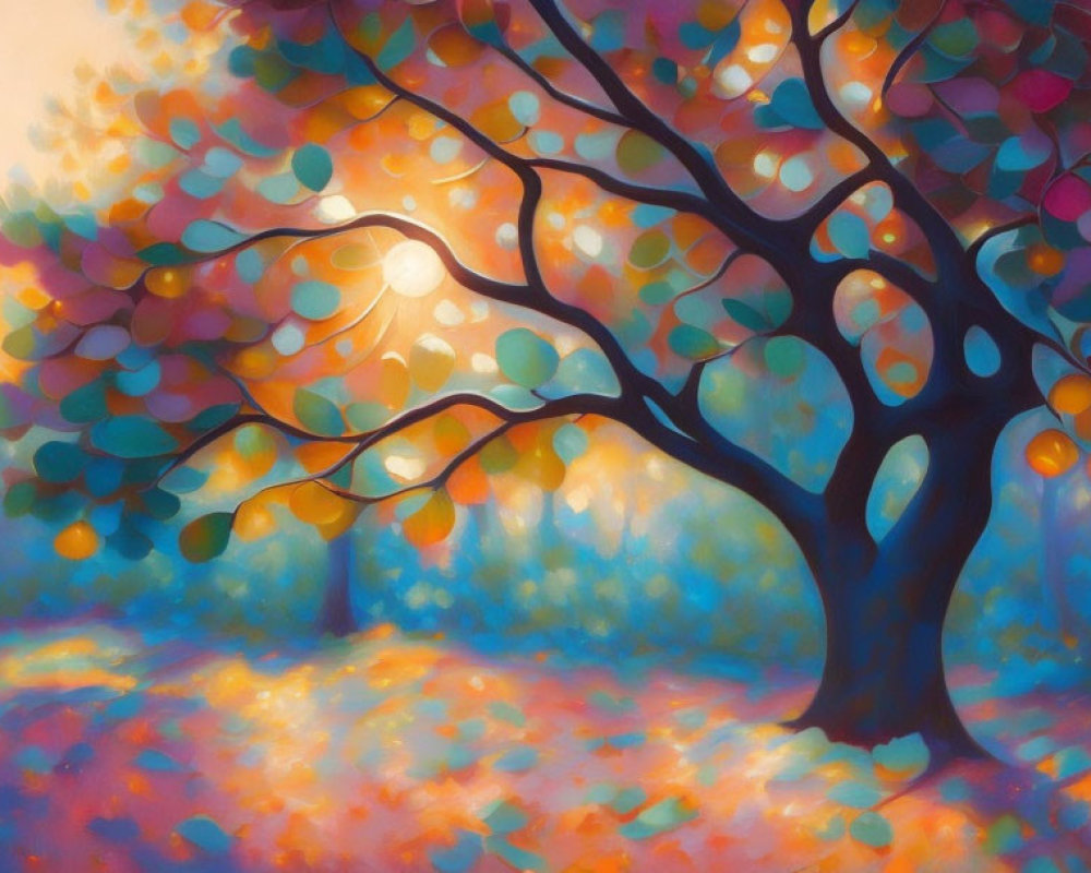 Colorful impressionistic painting of a tree in dreamy autumn landscape