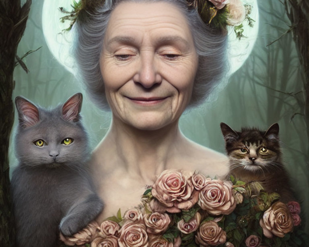 Elderly woman with floral wreath, cats, roses, and enchanted backdrop