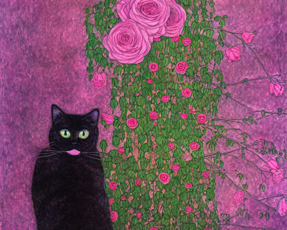 Black Cat with Green Eyes and Roses on Textured Pink Background