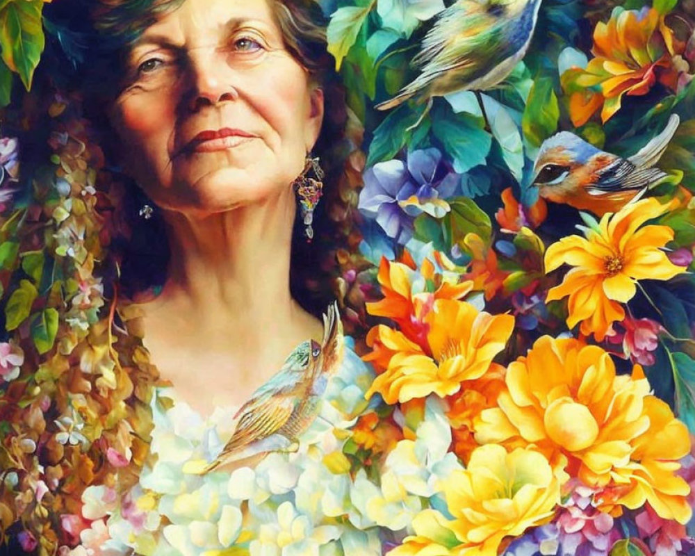 Elderly woman in vibrant painting with flowers and birds