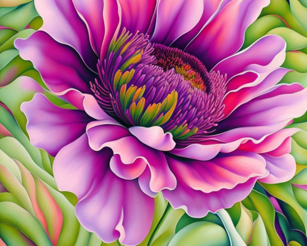 Large Purple Flower Painting with Intricate Green Foliage