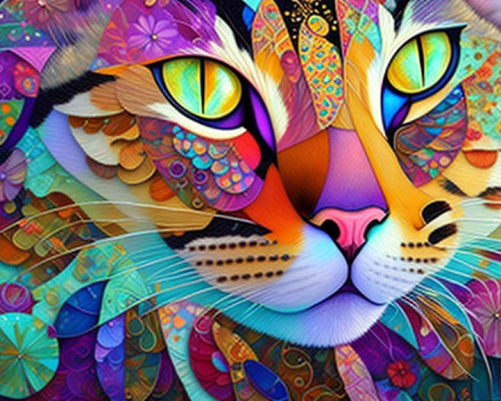 Colorful Cat Face Mosaic with Swirling Shapes