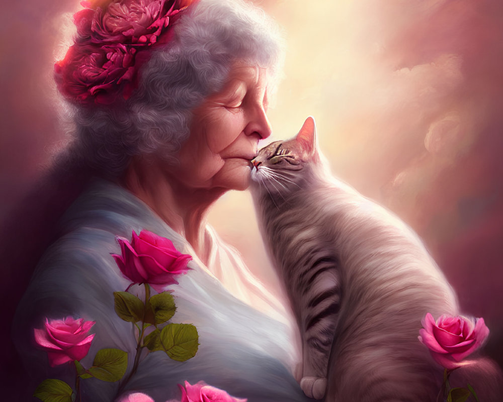 Elderly woman nose-kissing tabby cat in pink rose garden