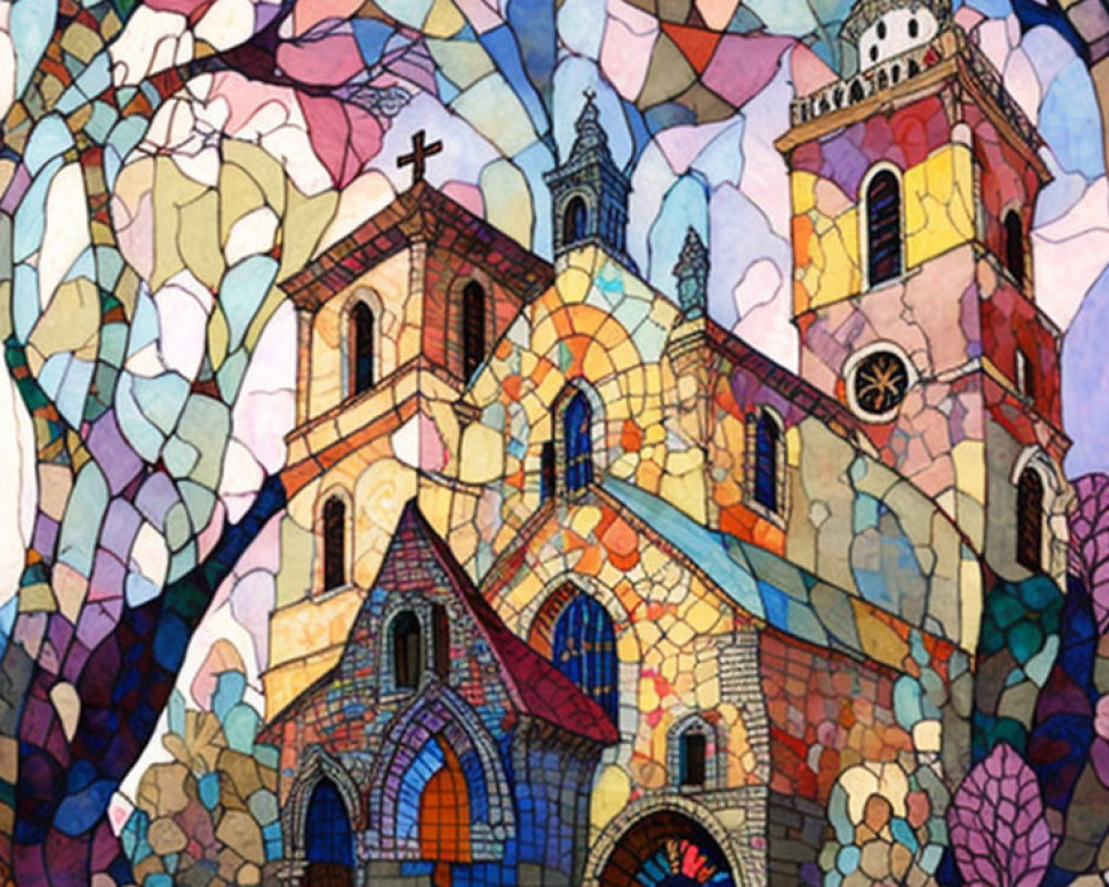 Colorful Stained Glass-Style Church Illustration with Cross and Floral Background