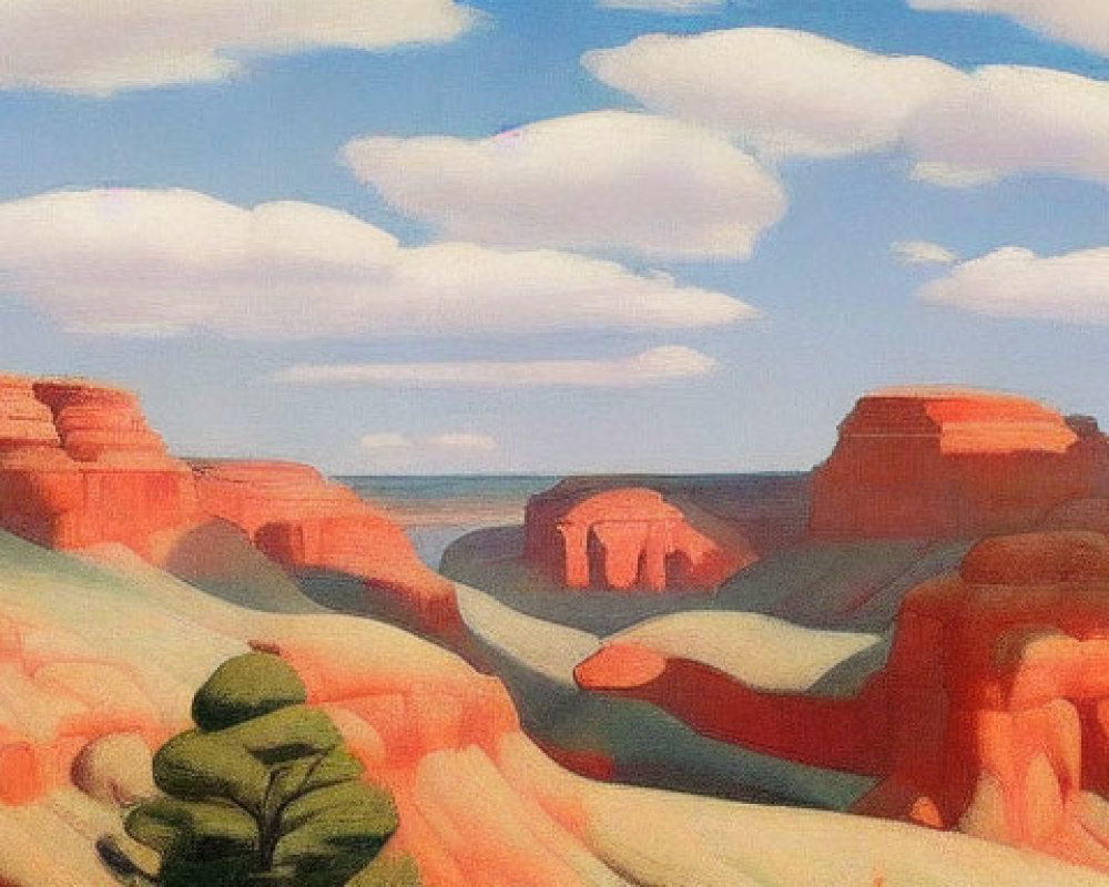 Panoramic desert landscape with red rocks, green trees, and blue sky