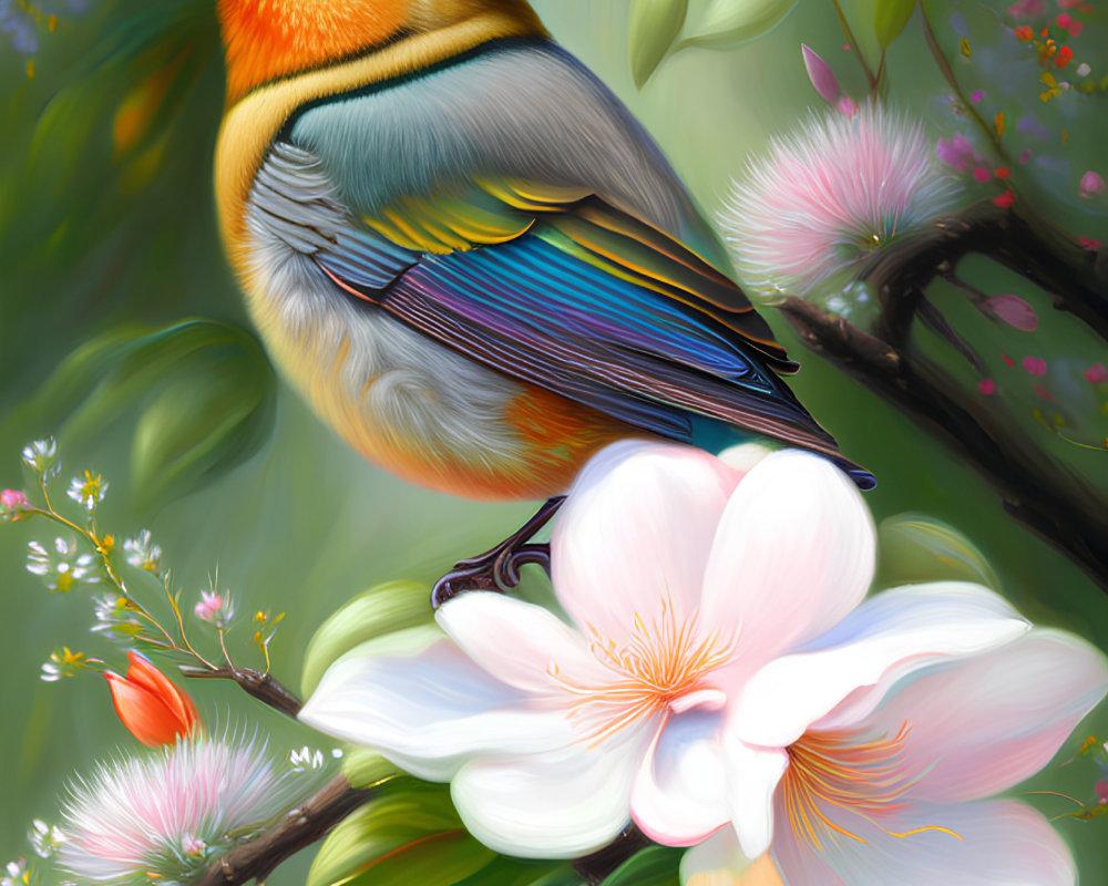 Colorful Bird Painting on Branch with Pink and White Flowers in Green Background