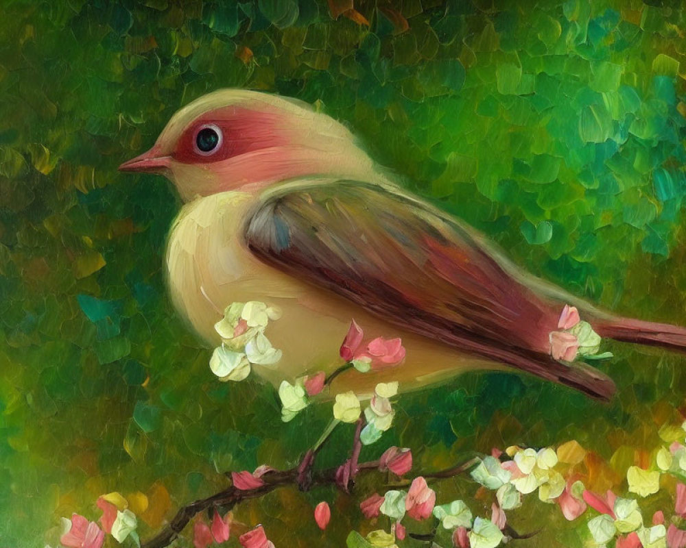 Vibrant painting of small bird on branch with pink head and brown wings